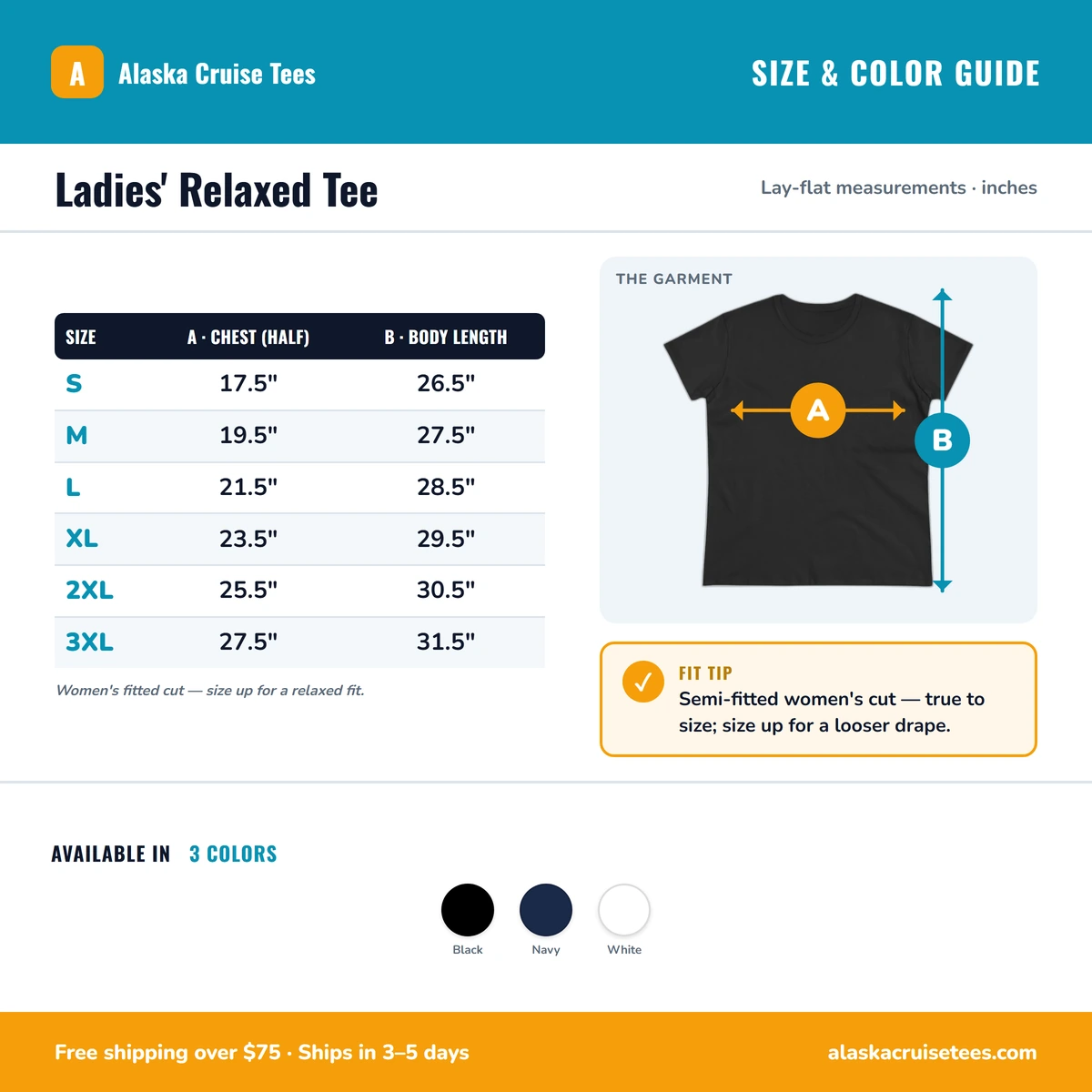 Ladies Tee size & color guide