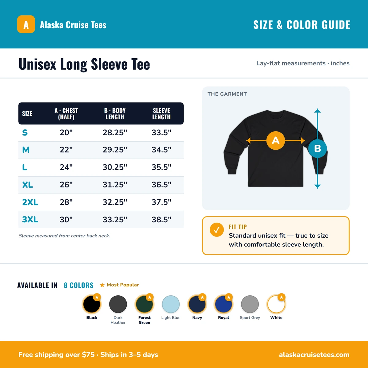 Long Sleeve size & color guide