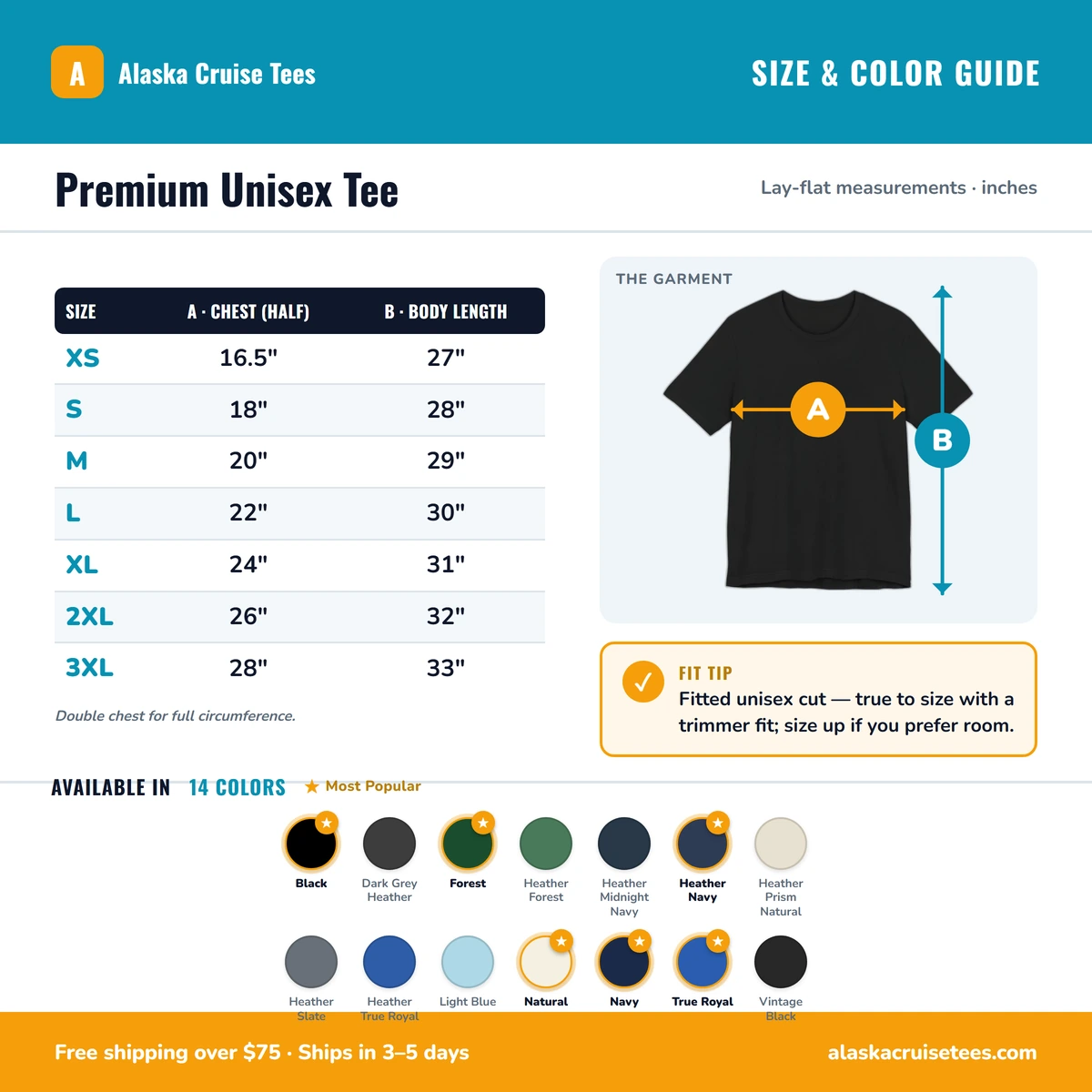 Premium T-Shirt size & color guide