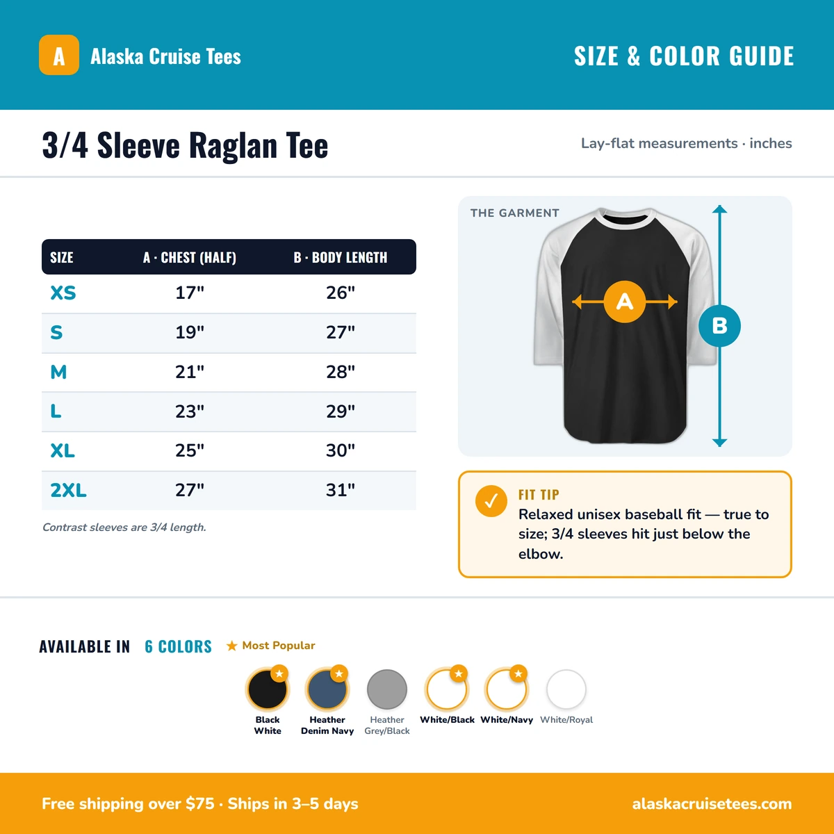 Raglan 3/4 size & color guide
