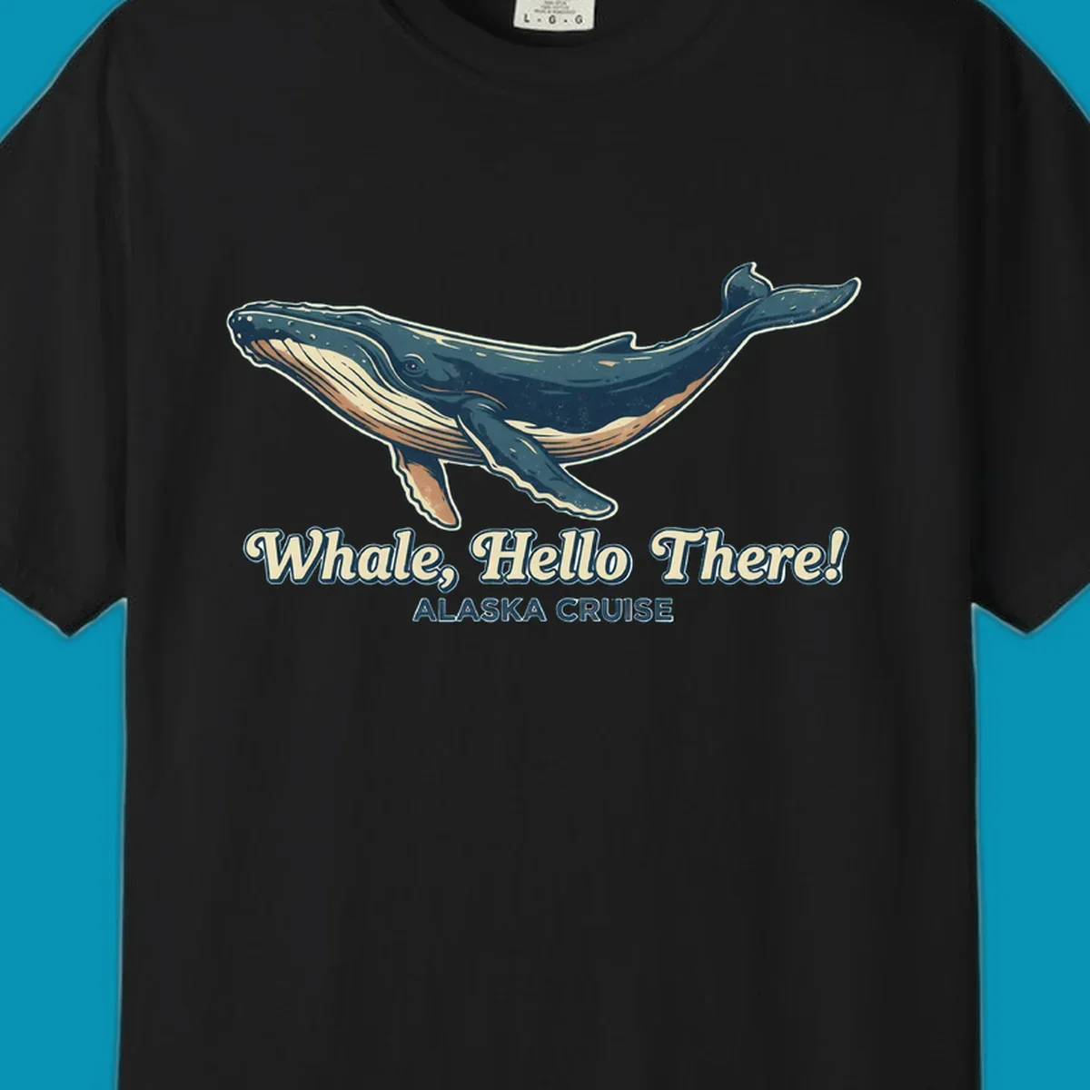 Vintage-style illustration of a teal and cream humpback whale with 'Whale, Hello There! Alaska Cruise' text for the whale-hello-there-cruise design