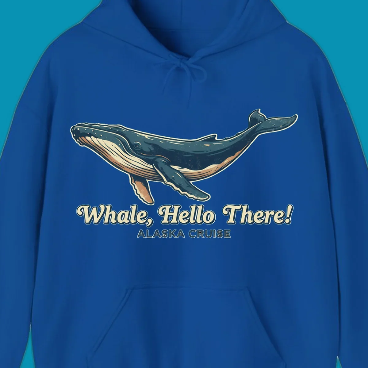 Vintage-style illustration of a teal and cream humpback whale with 'Whale, Hello There! Alaska Cruise' text for the whale-hello-there-cruise design