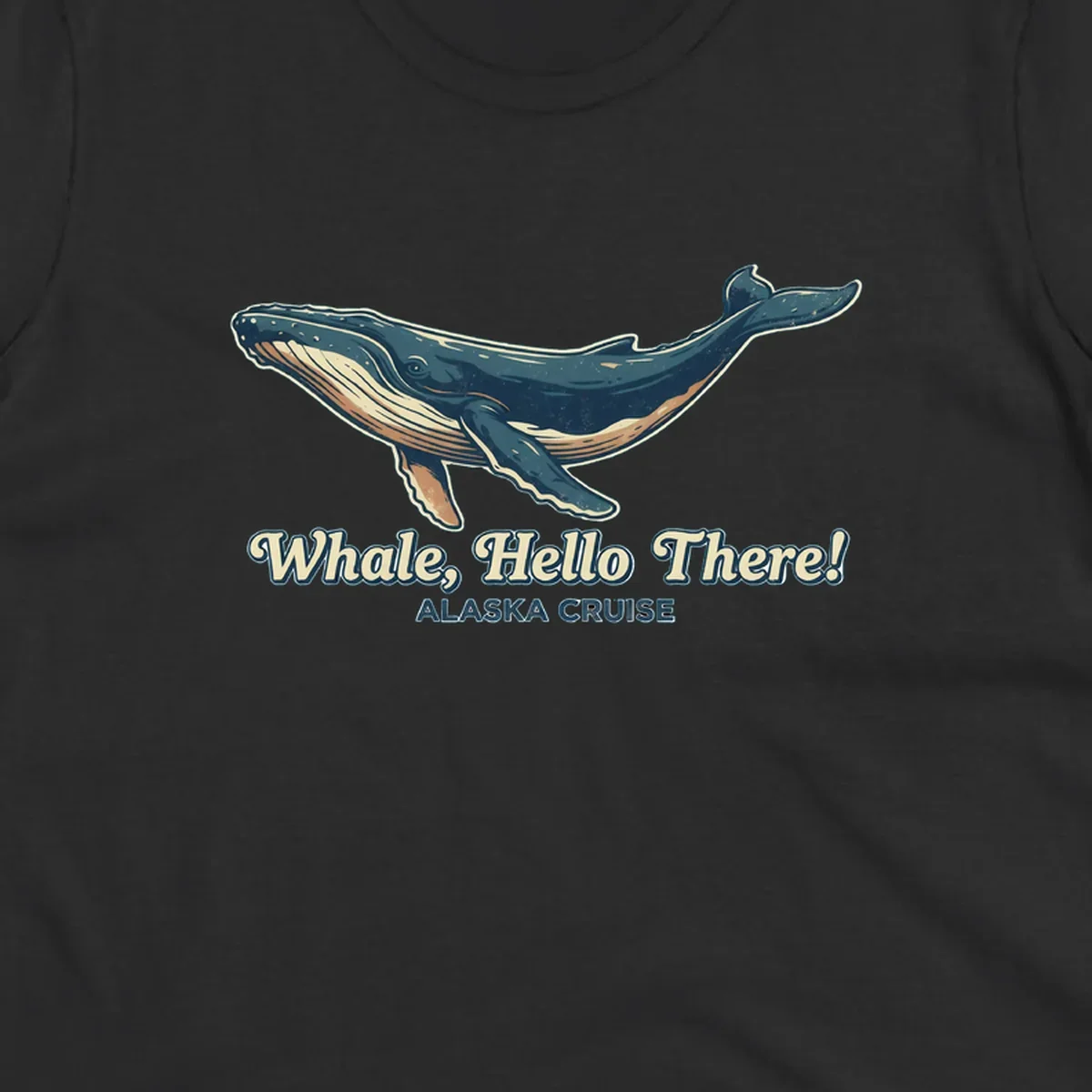 Vintage-style illustration of a teal and cream humpback whale with 'Whale, Hello There! Alaska Cruise' text for the whale-hello-there-cruise design