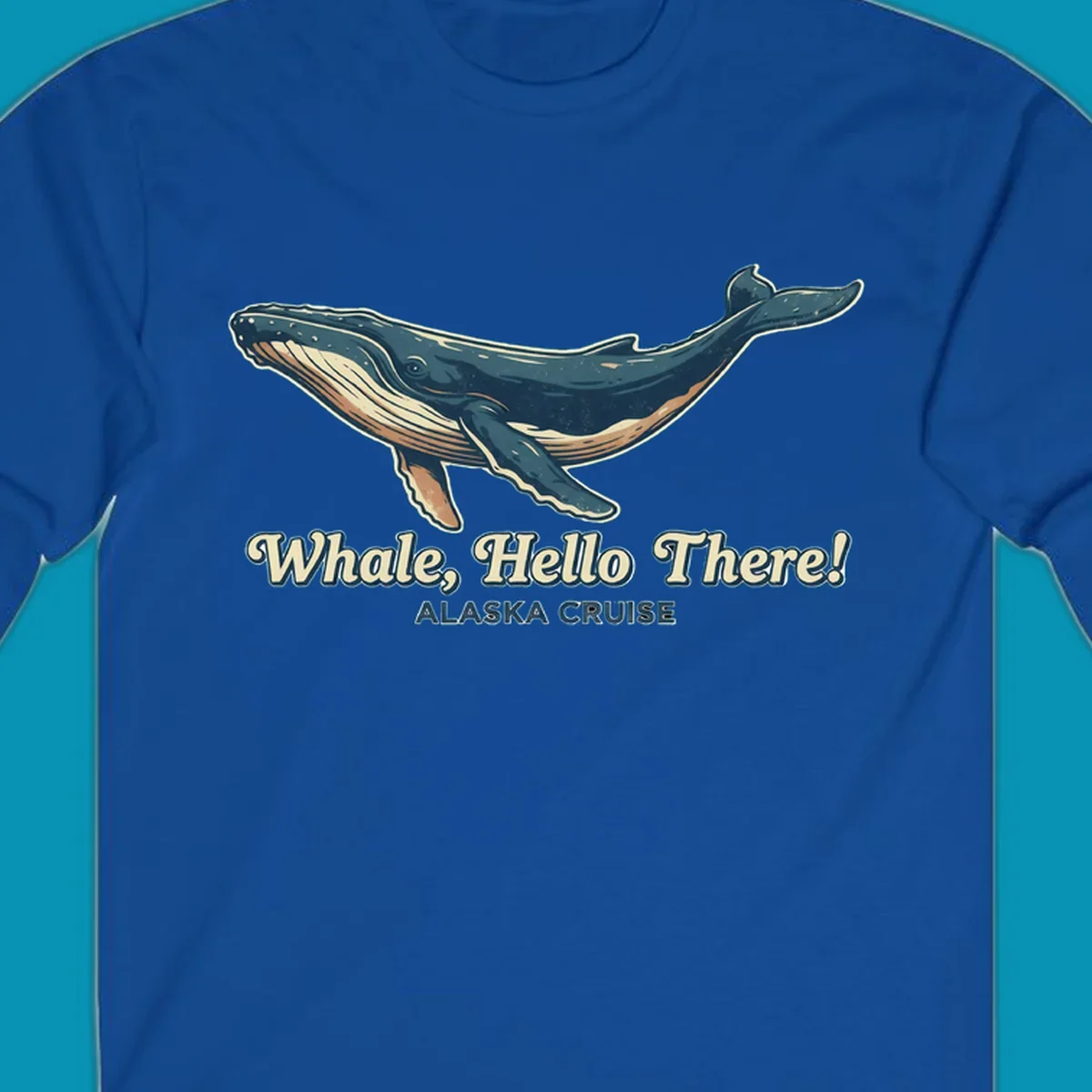 Vintage-style illustration of a teal and cream humpback whale with 'Whale, Hello There! Alaska Cruise' text for the whale-hello-there-cruise design