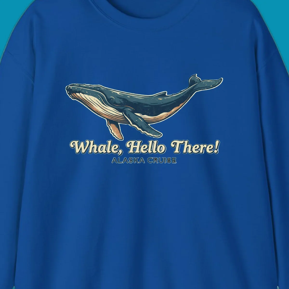 Vintage-style illustration of a teal and cream humpback whale with 'Whale, Hello There! Alaska Cruise' text for the whale-hello-there-cruise design
