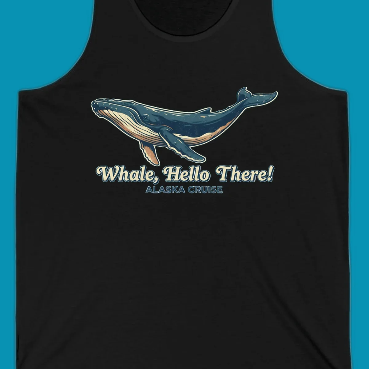 Vintage-style illustration of a teal and cream humpback whale with 'Whale, Hello There! Alaska Cruise' text for the whale-hello-there-cruise design