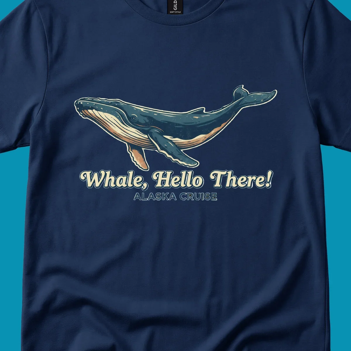 Vintage-style illustration of a teal and cream humpback whale with 'Whale, Hello There! Alaska Cruise' text for the whale-hello-there-cruise design