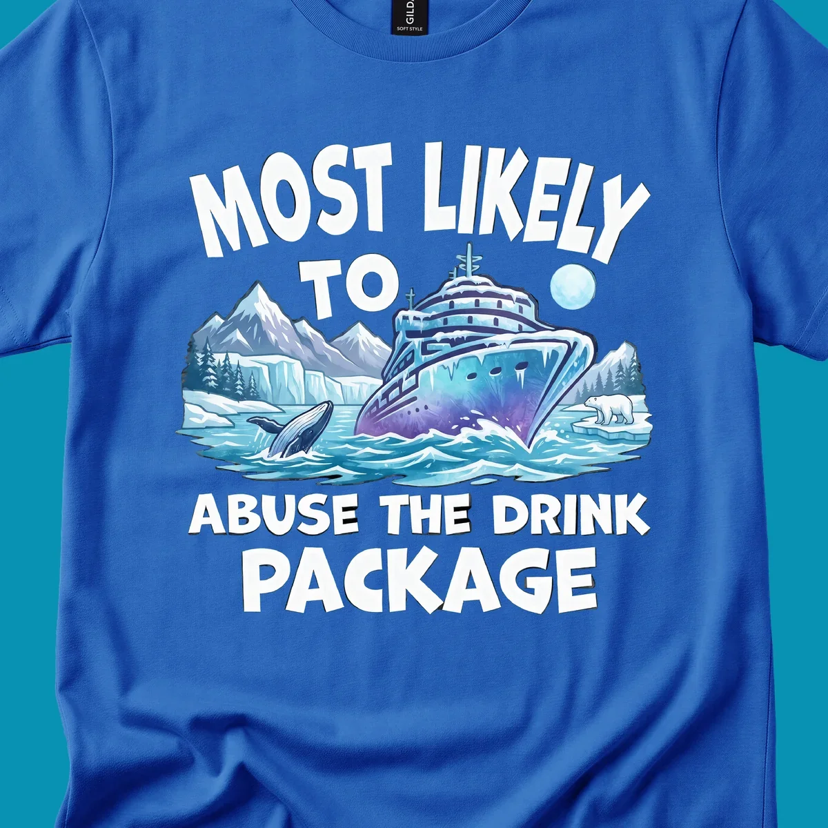 Illustration of luxury cruise ship in icy Arctic waters with whales, polar bears, and glaciers; bold text reads 'Most Likely To Abuse The Drink Package'
