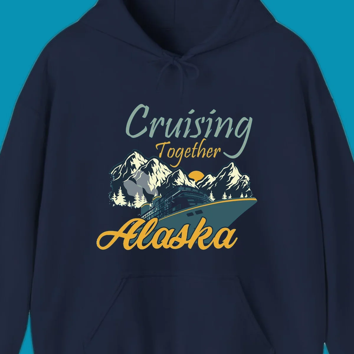 Cruising Together Alaska design with cruise ship, snow-capped mountains, evergreen trees, and golden sun against gray background