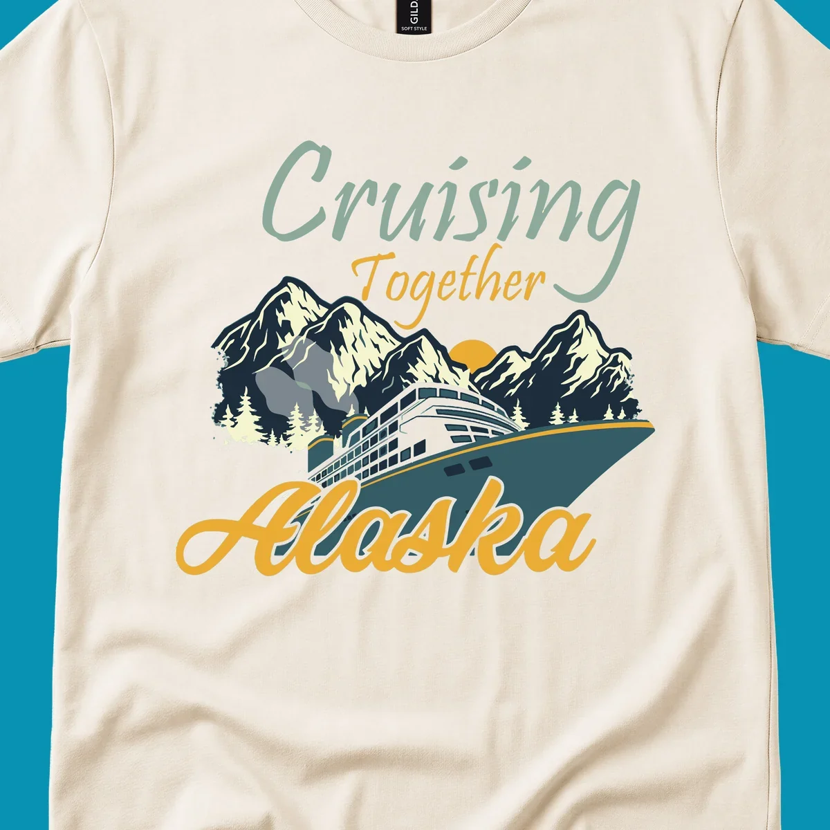 Cruising Together Alaska design with cruise ship, snow-capped mountains, evergreen trees, and golden sun against gray background