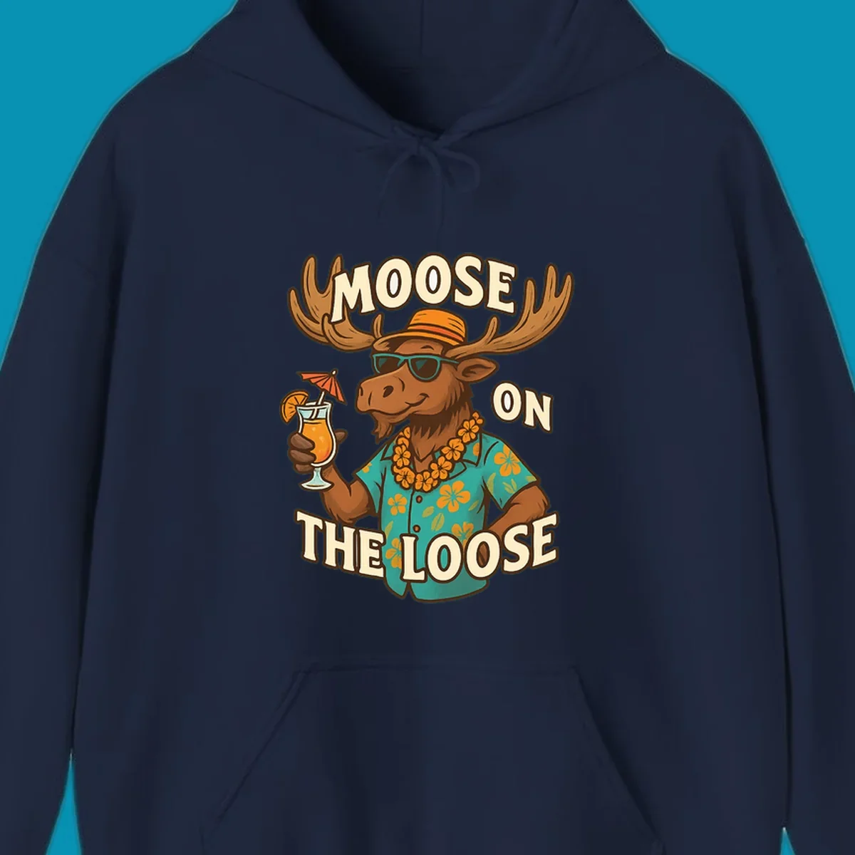 Cartoon moose wearing sunglasses and tropical Hawaiian shirt with lei, holding a cocktail, with text 'Moose On The Loose'