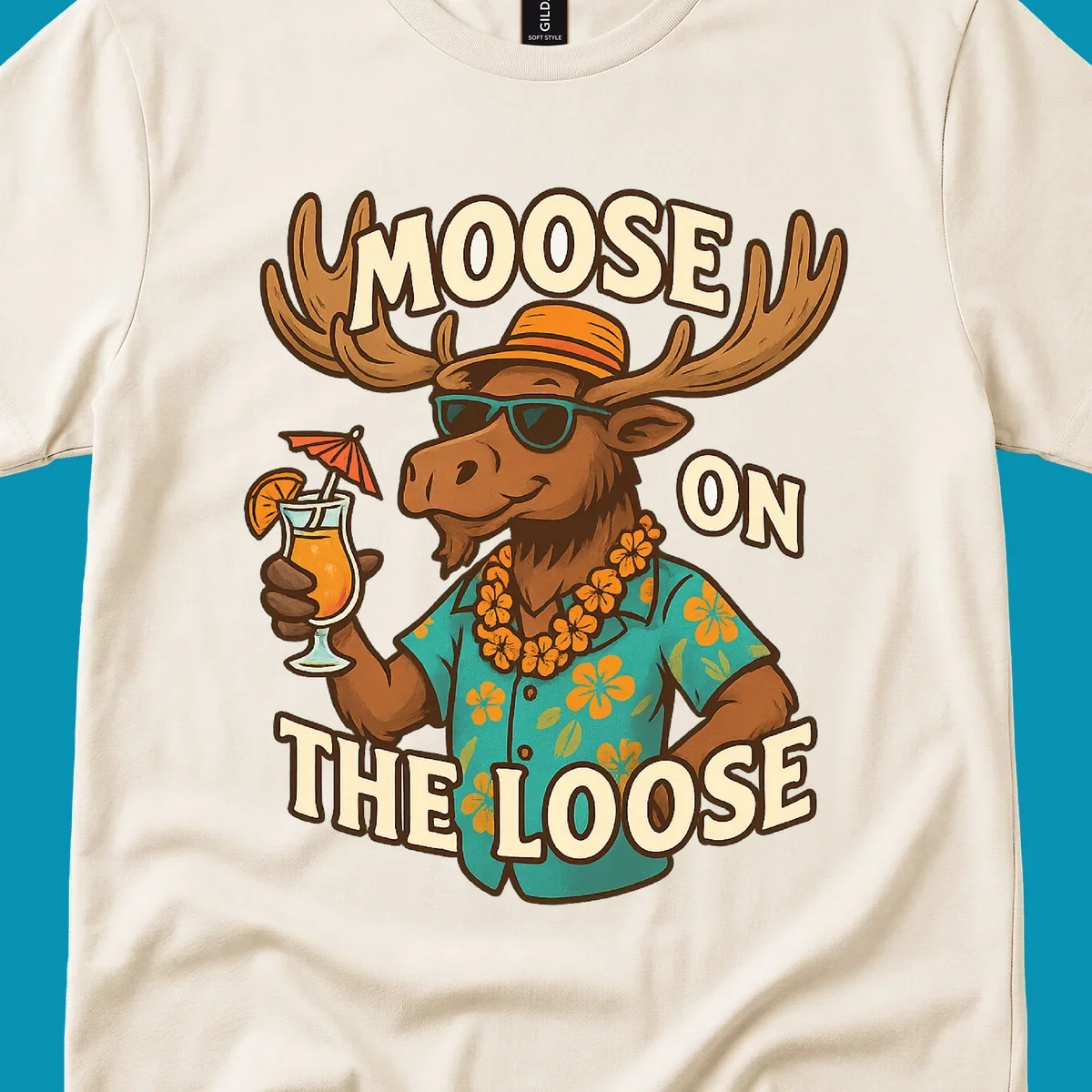Cartoon moose wearing sunglasses and tropical Hawaiian shirt with lei, holding a cocktail, with text 'Moose On The Loose'