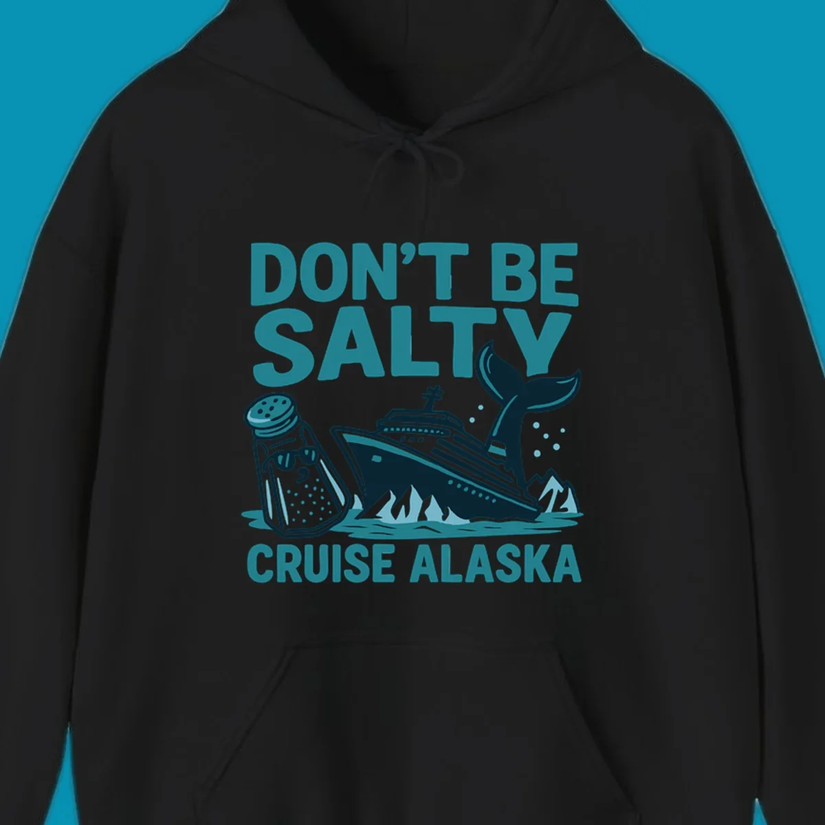 Don't be salty cruise design with personified salt shaker, cruise ship, and whale tail in teal and navy illustration