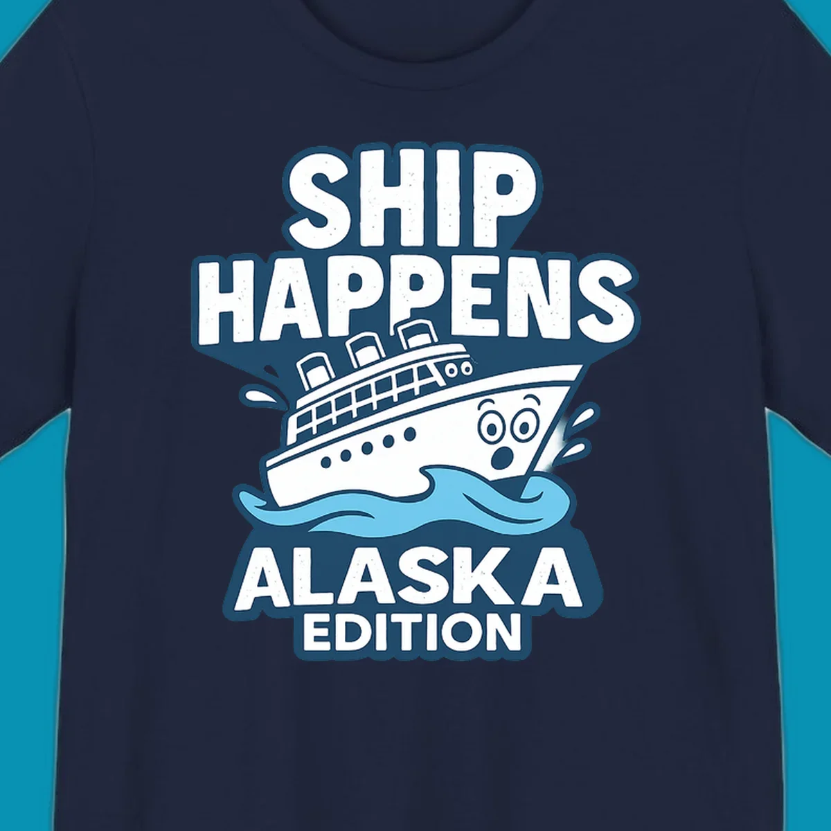 Ship Happens Alaska Edition design featuring a tilted cruise ship in ocean waves with nautical badge styling and punny text.