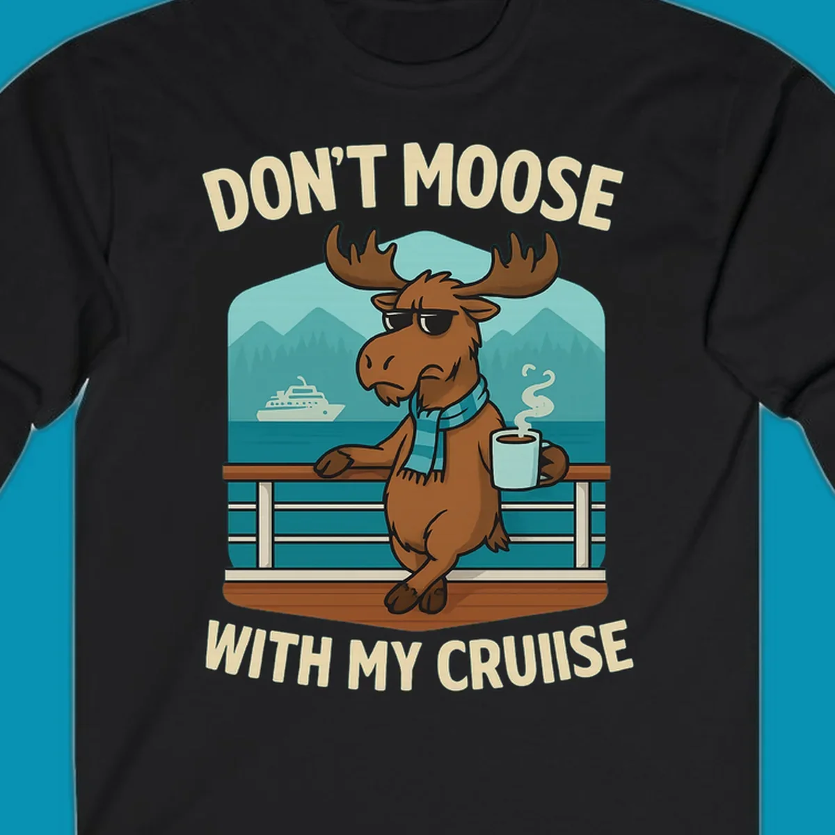 Cartoon moose wearing sunglasses and scarf holding coffee mug on cruise ship railing with text 'Don't Moose With My Cruise'
