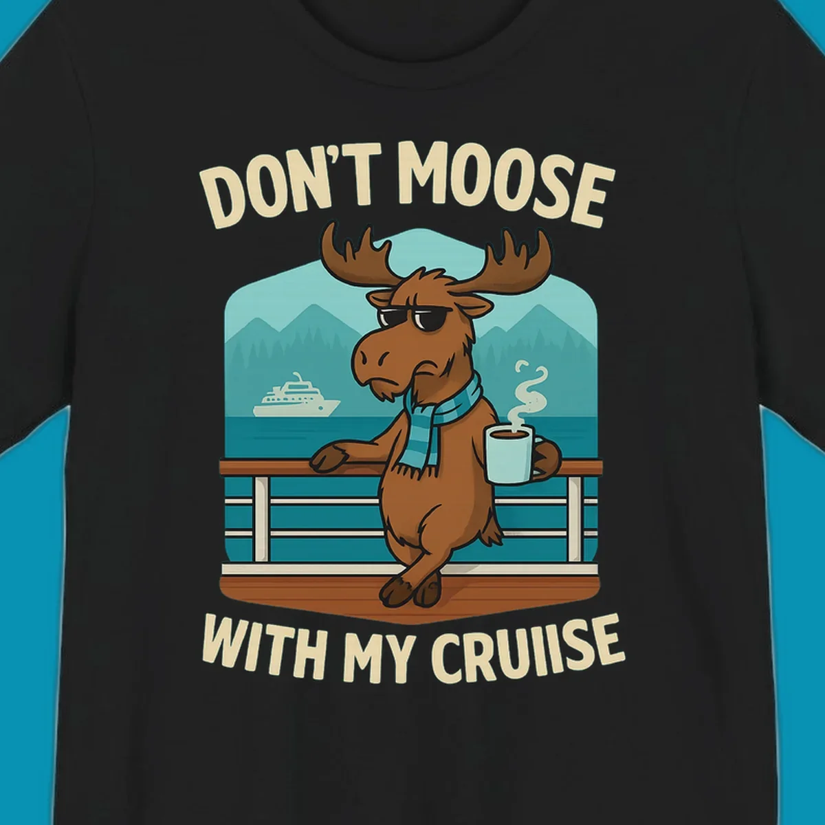 Cartoon moose wearing sunglasses and scarf holding coffee mug on cruise ship railing with text 'Don't Moose With My Cruise'