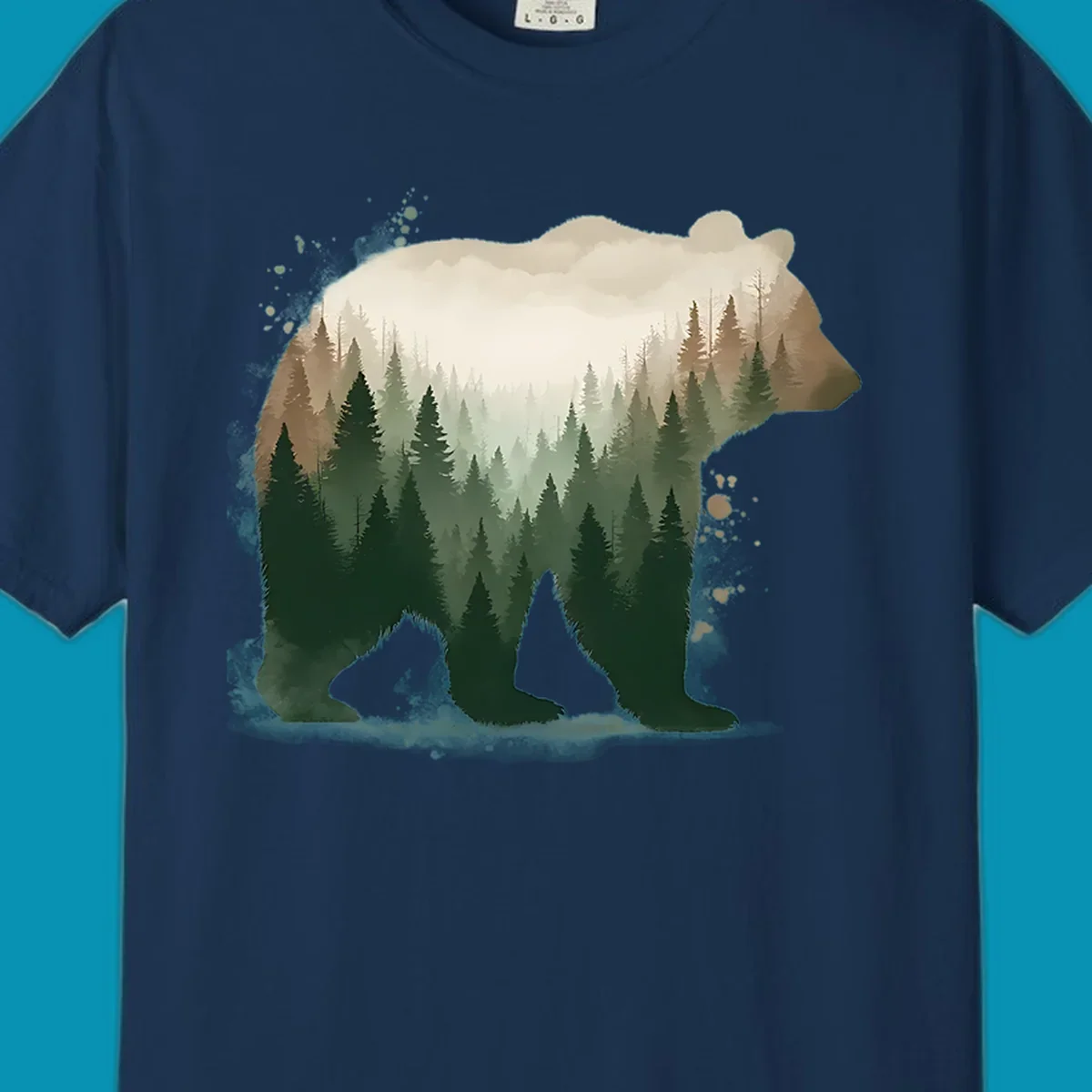 Bear silhouette filled with layered coniferous forest, mountains, and misty peaks in double exposure style