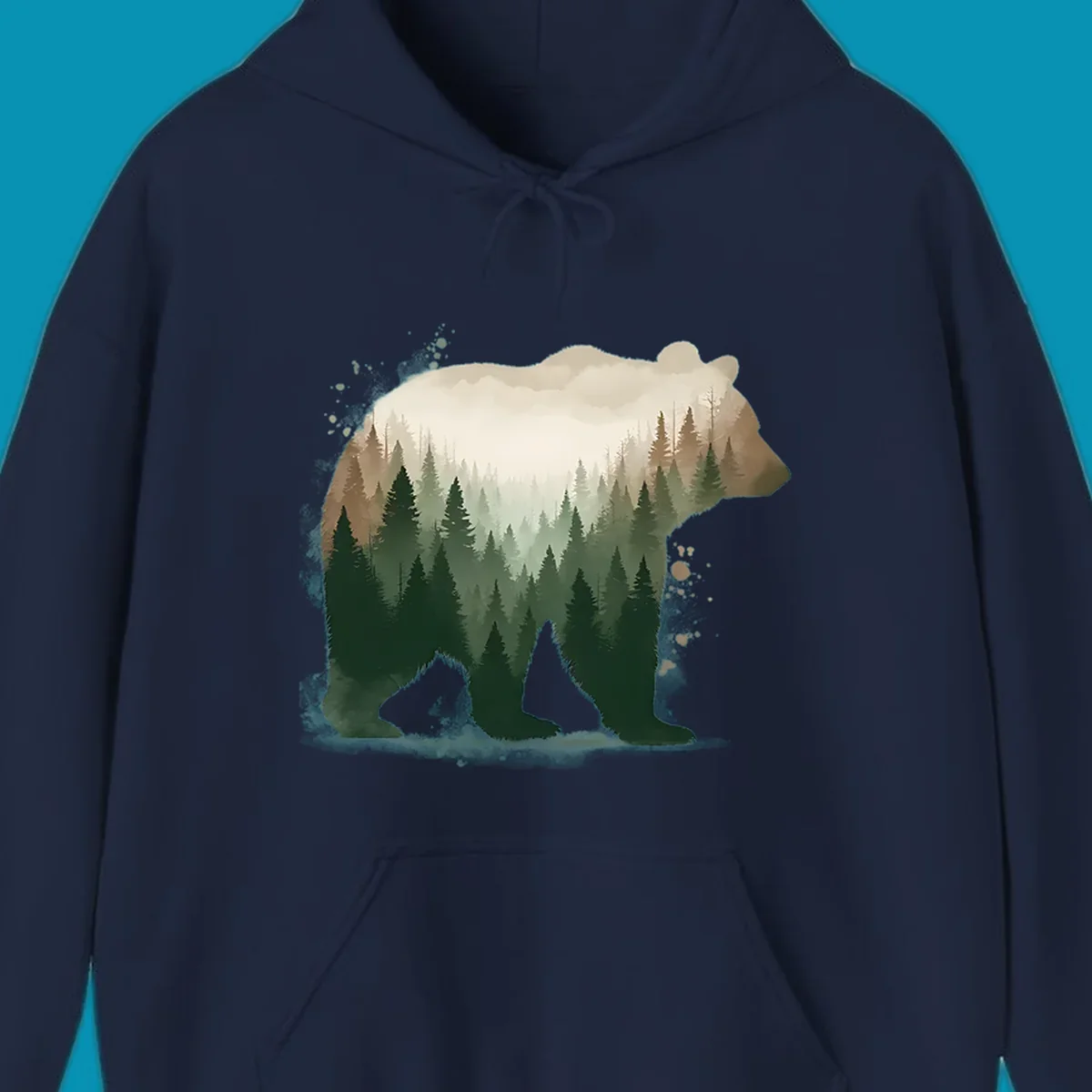 Bear silhouette filled with layered coniferous forest, mountains, and misty peaks in double exposure style