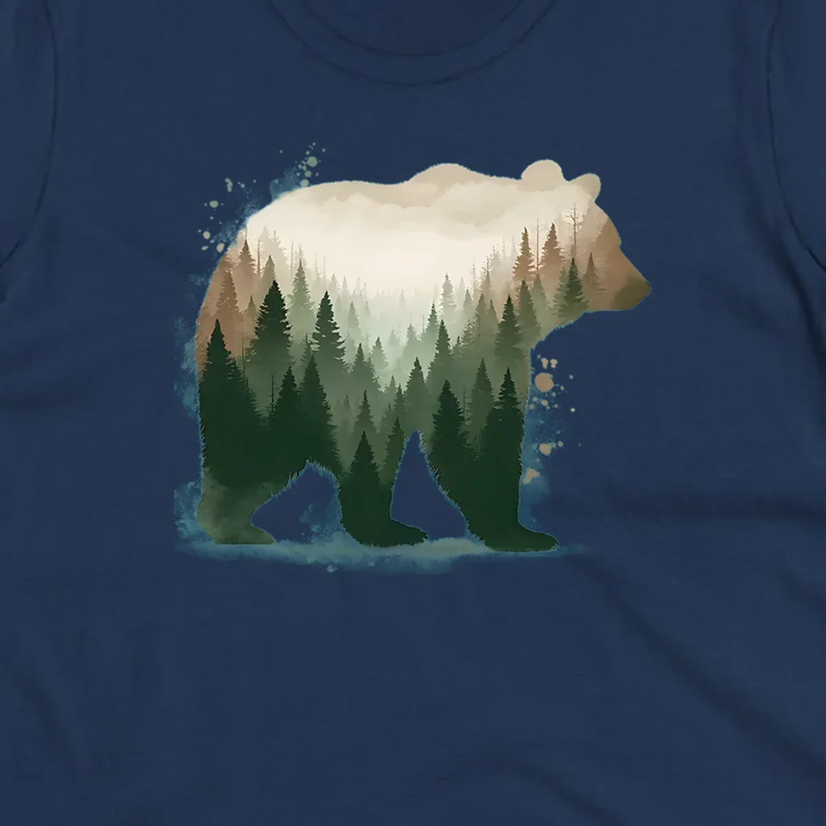 Bear silhouette filled with layered coniferous forest, mountains, and misty peaks in double exposure style