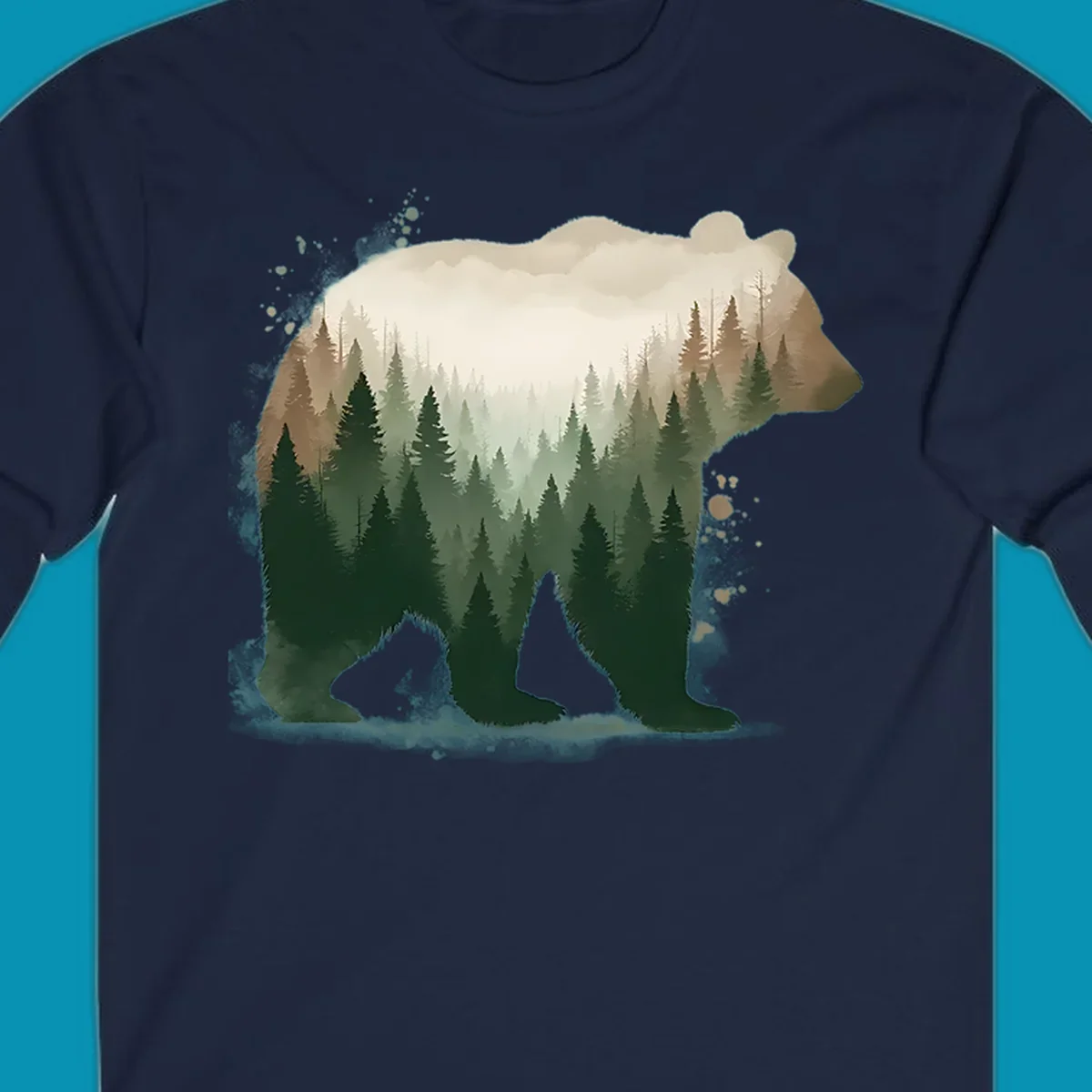 Bear silhouette filled with layered coniferous forest, mountains, and misty peaks in double exposure style