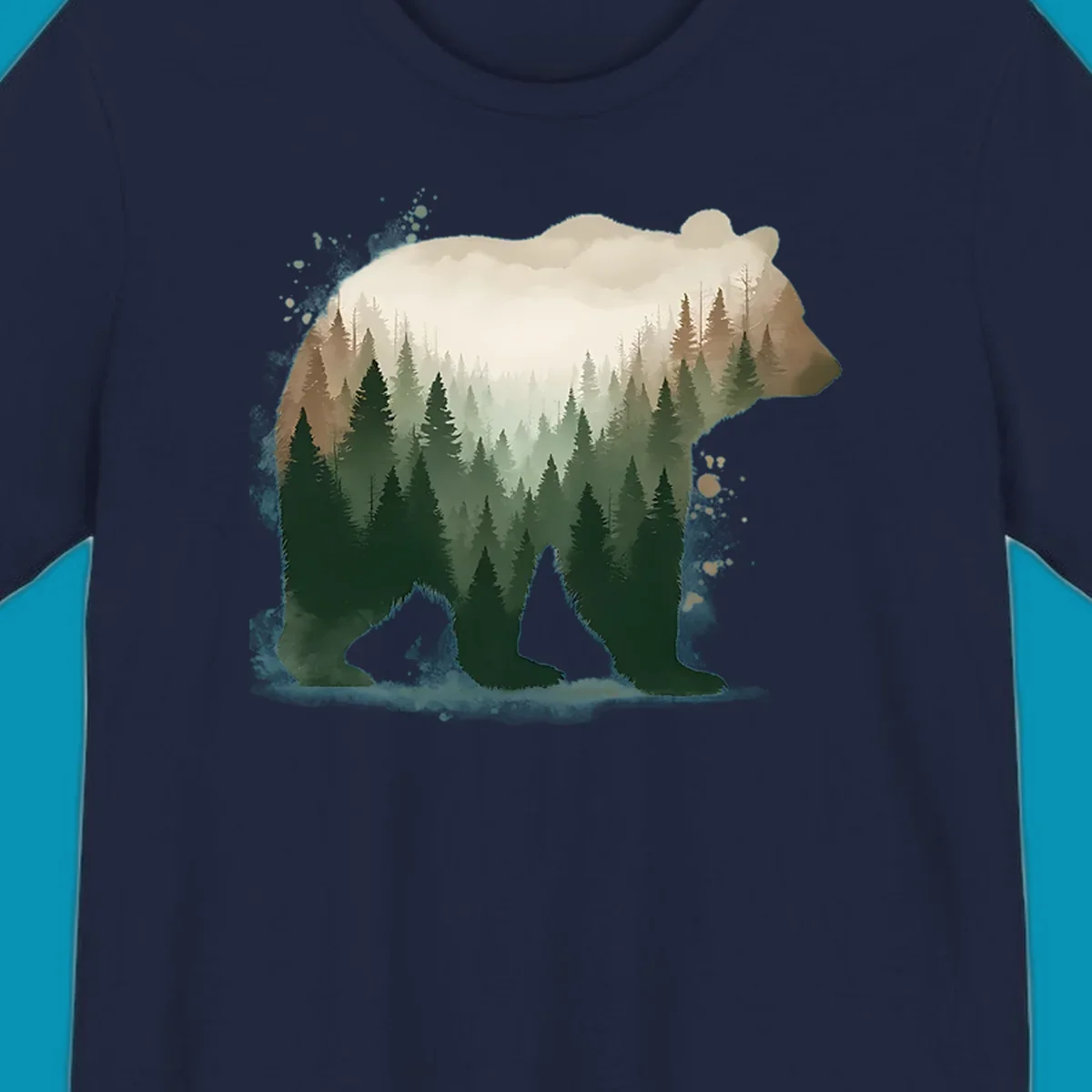 Bear silhouette filled with layered coniferous forest, mountains, and misty peaks in double exposure style