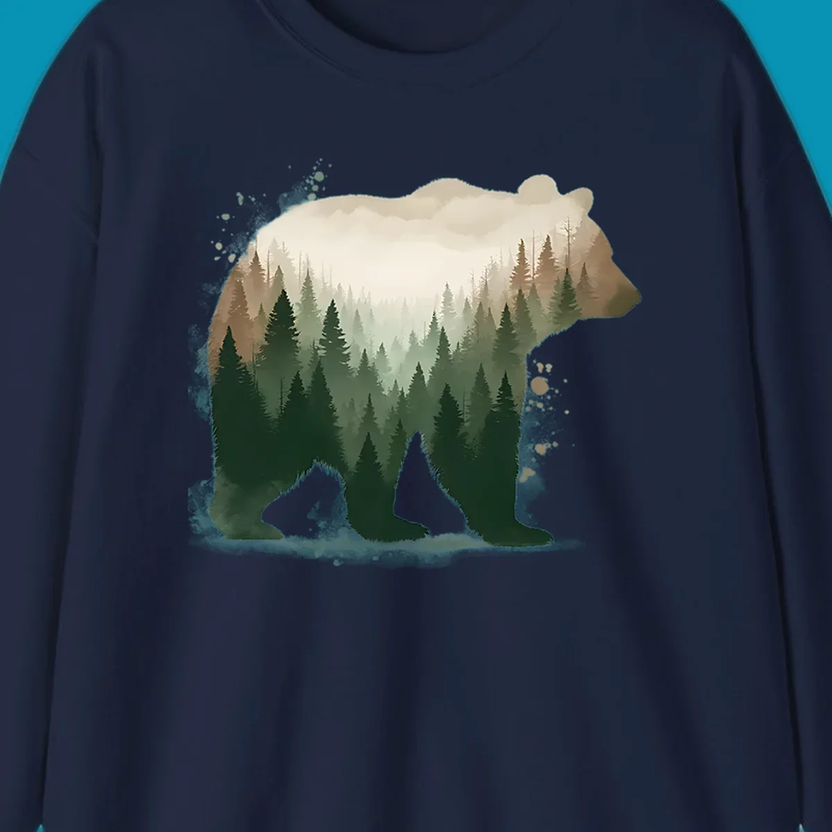 Bear silhouette filled with layered coniferous forest, mountains, and misty peaks in double exposure style
