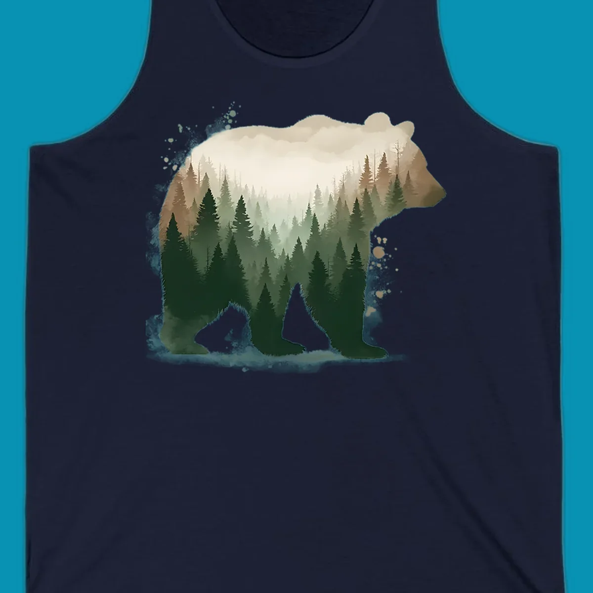Bear silhouette filled with layered coniferous forest, mountains, and misty peaks in double exposure style