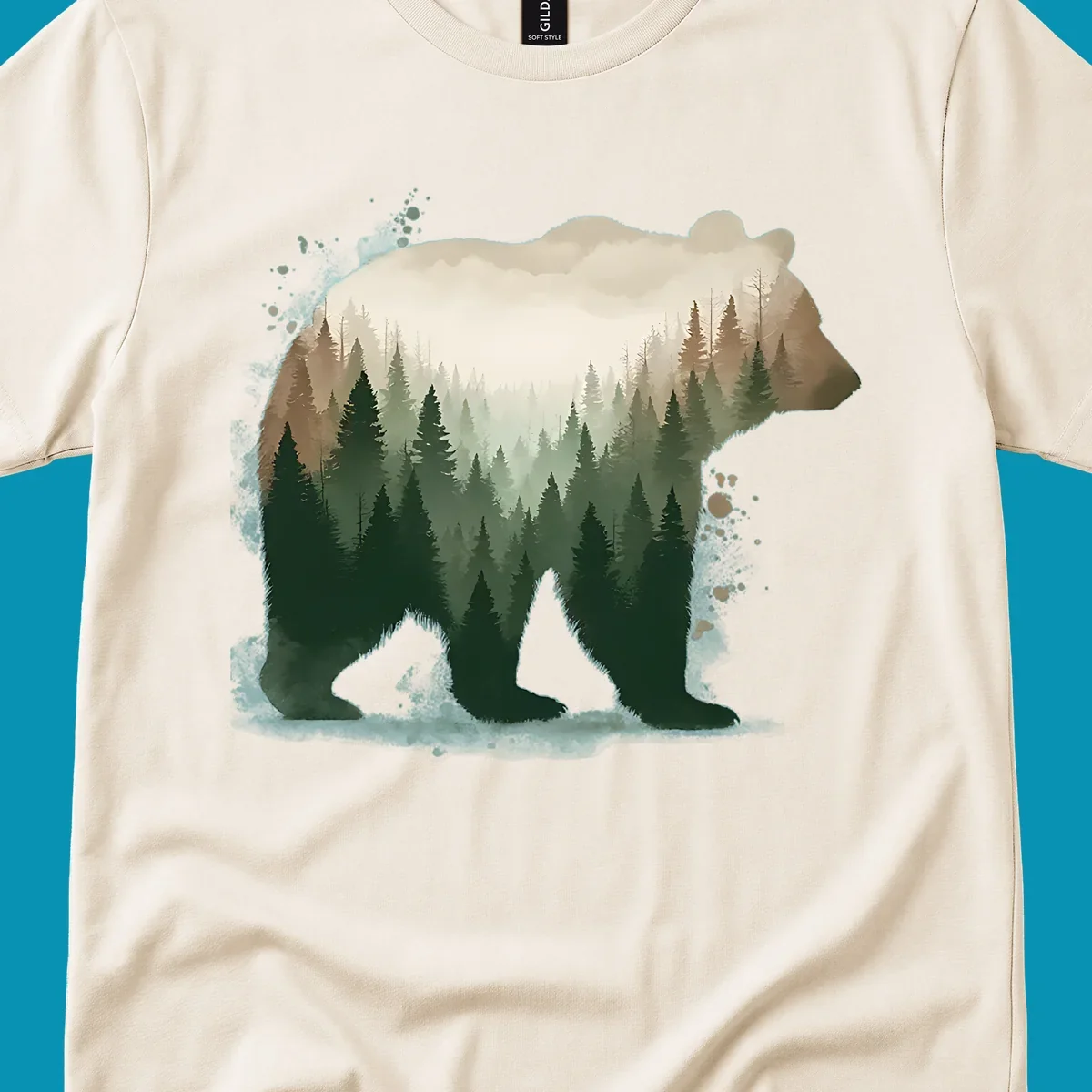 Bear silhouette filled with layered coniferous forest, mountains, and misty peaks in double exposure style