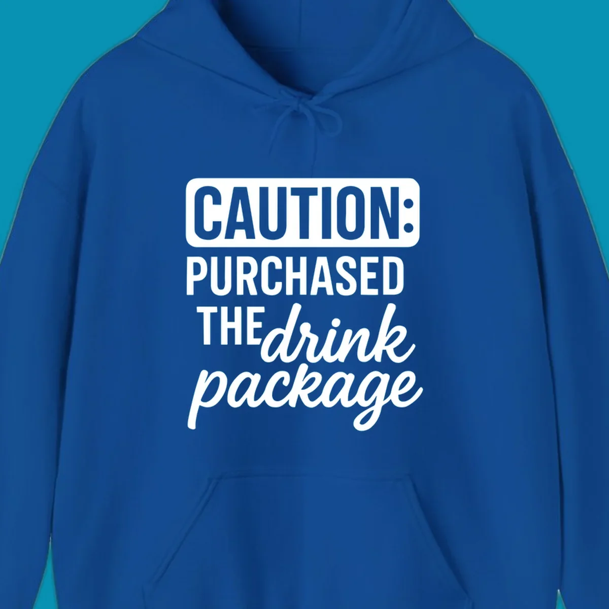 Gray caution-style warning label with white text reading 'Caution: Purchased The drink package' in bold and cursive lettering