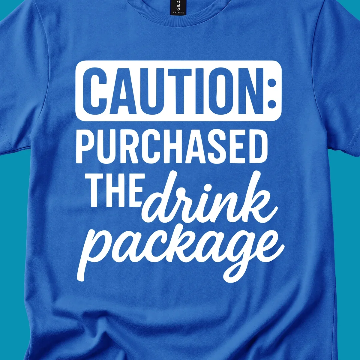 Gray caution-style warning label with white text reading 'Caution: Purchased The drink package' in bold and cursive lettering