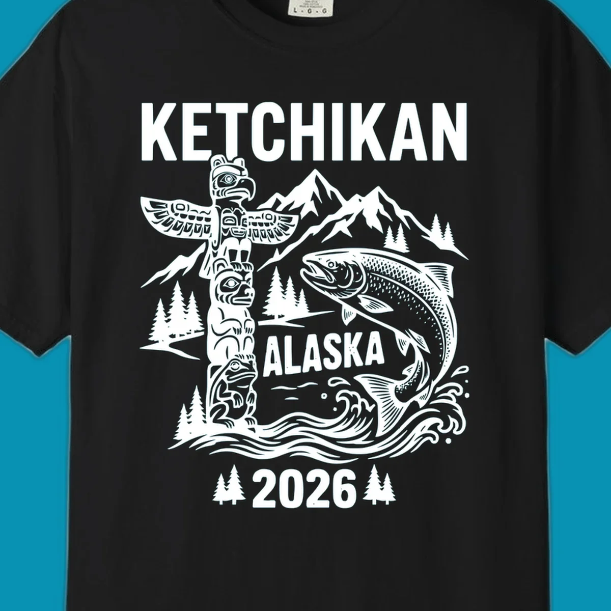 Ketchikan totem salmon cruise design with carved totem pole, leaping salmon, snow mountains and evergreen trees on gray background