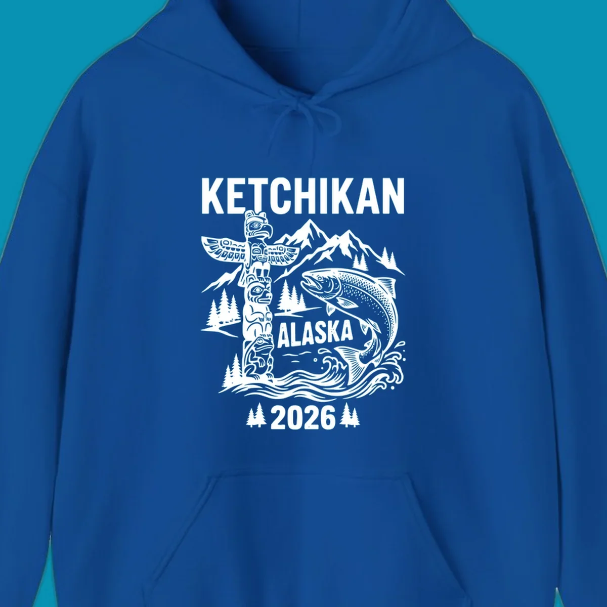 Ketchikan totem salmon cruise design with carved totem pole, leaping salmon, snow mountains and evergreen trees on gray background