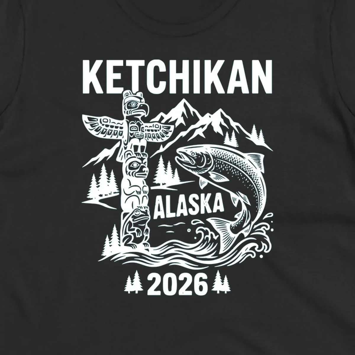 Ketchikan totem salmon cruise design with carved totem pole, leaping salmon, snow mountains and evergreen trees on gray background