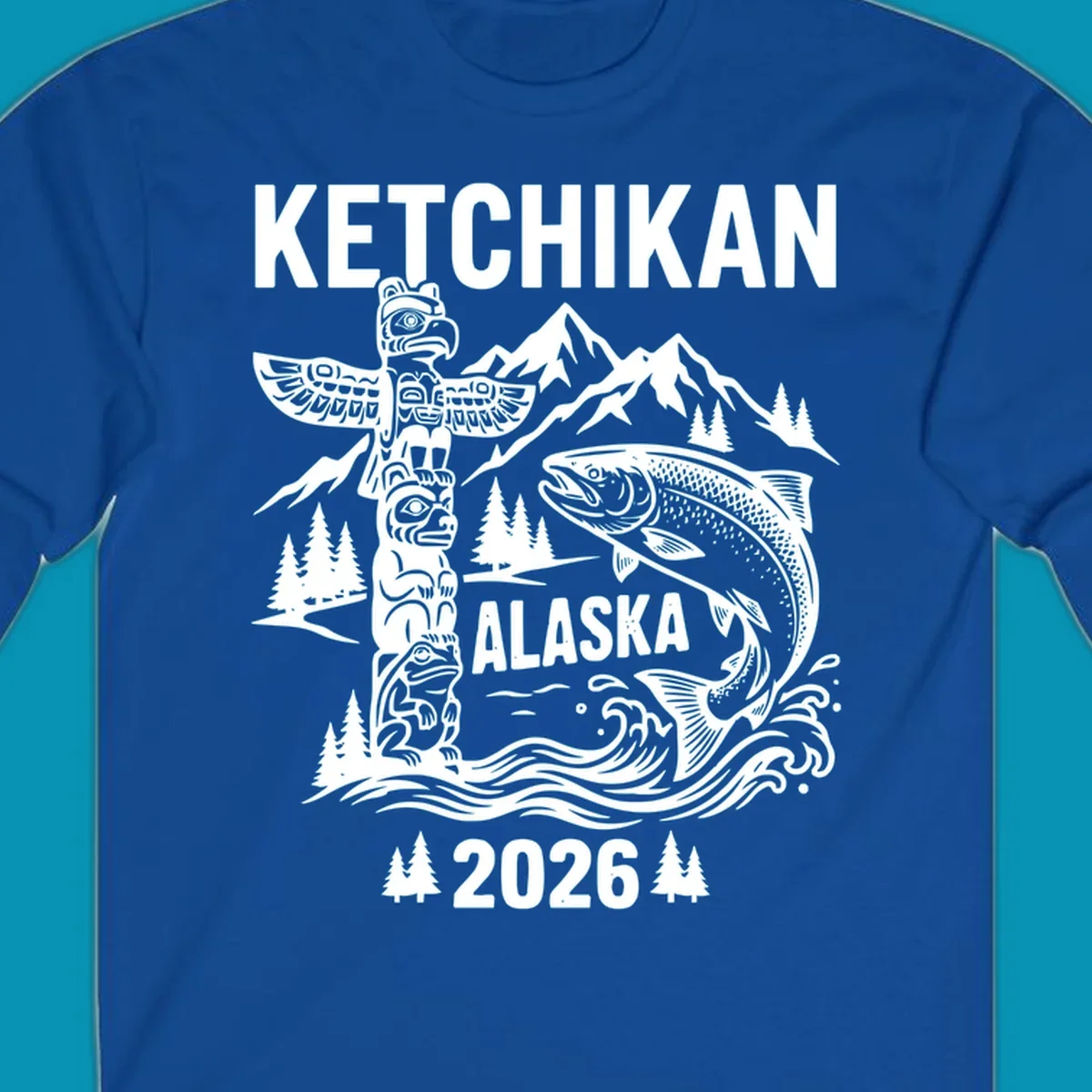 Ketchikan totem salmon cruise design with carved totem pole, leaping salmon, snow mountains and evergreen trees on gray background