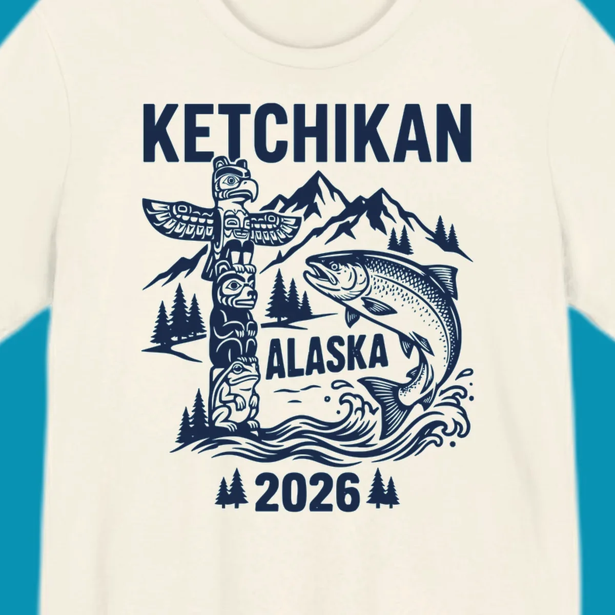 Ketchikan totem salmon cruise design with carved totem pole, leaping salmon, snow mountains and evergreen trees on gray background