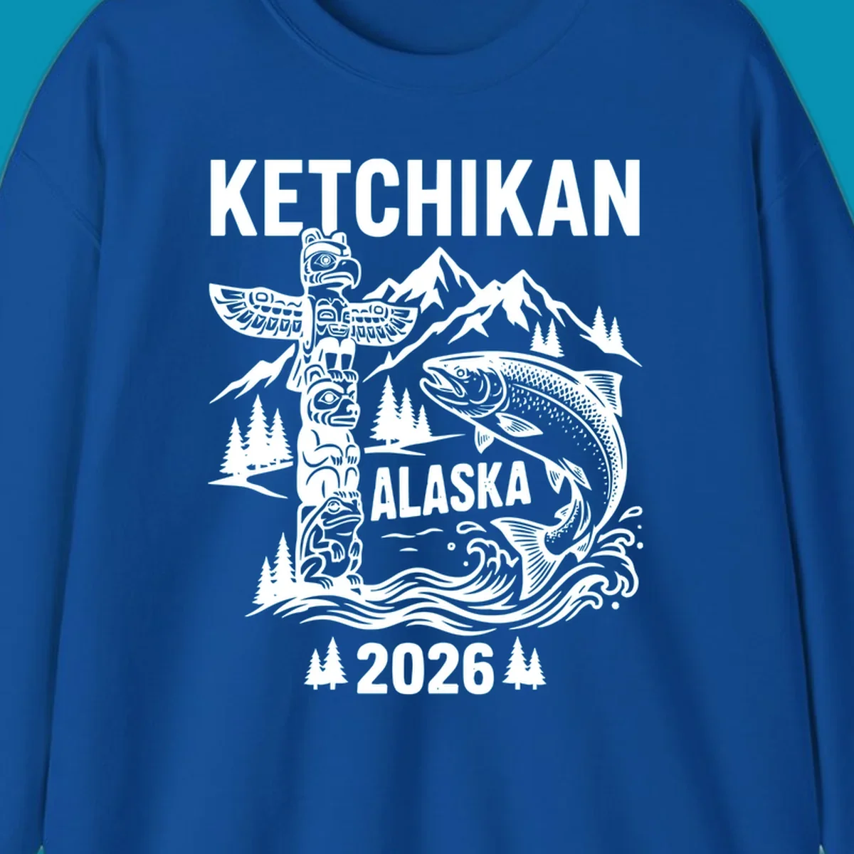 Ketchikan totem salmon cruise design with carved totem pole, leaping salmon, snow mountains and evergreen trees on gray background