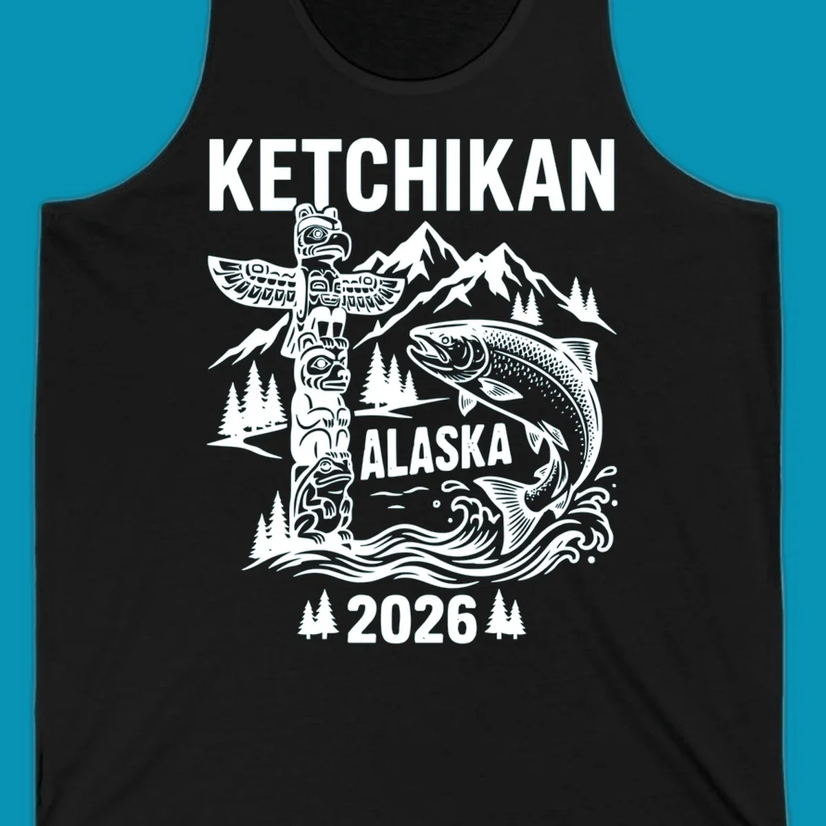 Ketchikan totem salmon cruise design with carved totem pole, leaping salmon, snow mountains and evergreen trees on gray background