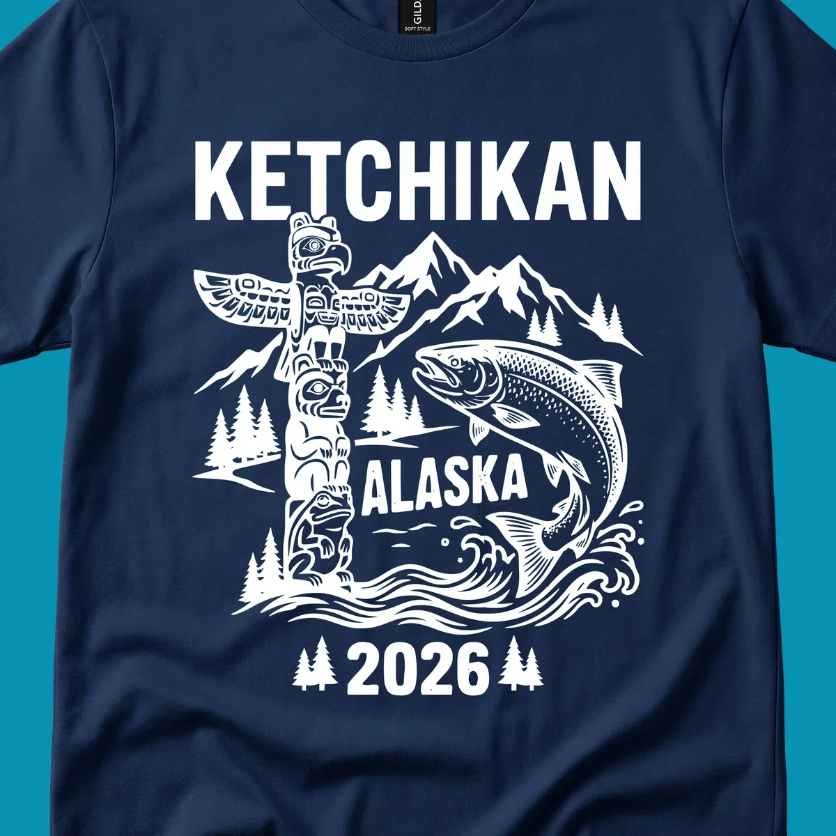 Ketchikan totem salmon cruise design with carved totem pole, leaping salmon, snow mountains and evergreen trees on gray background