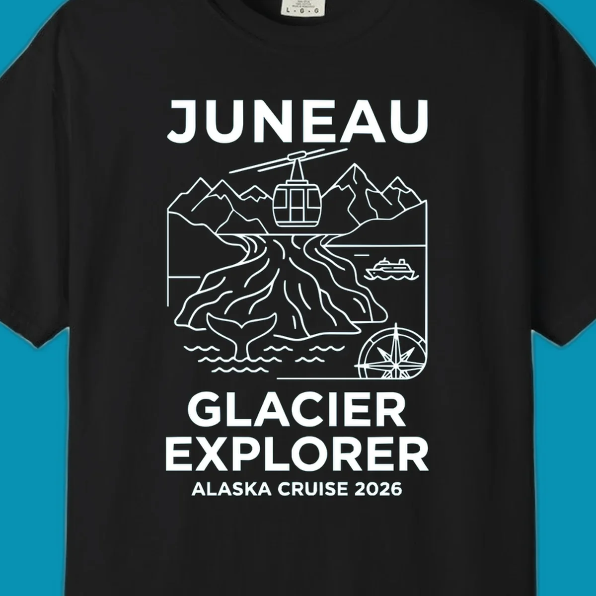 Juneau glacier explorer design featuring cable car, mountains, glacial crevasses, cruise ship, whale tail, and compass rose in white line art on gray background with 'JUNEAU GLACIER EXPLORER ALASKA CRUISE 2026' text.