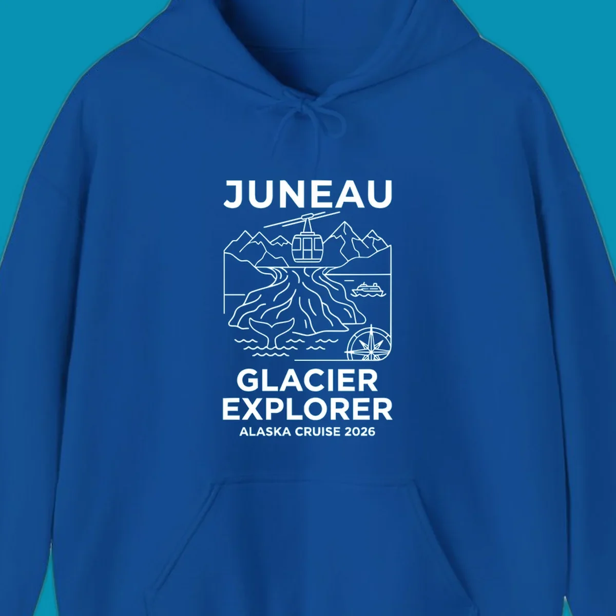 Juneau glacier explorer design featuring cable car, mountains, glacial crevasses, cruise ship, whale tail, and compass rose in white line art on gray background with 'JUNEAU GLACIER EXPLORER ALASKA CRUISE 2026' text.