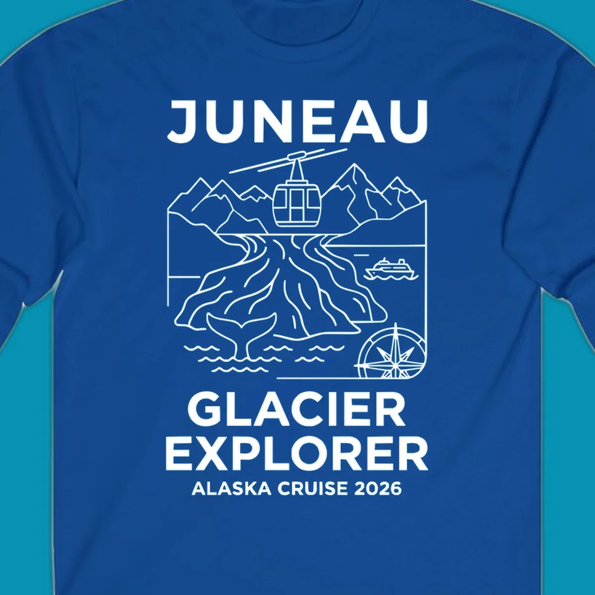 Juneau glacier explorer design featuring cable car, mountains, glacial crevasses, cruise ship, whale tail, and compass rose in white line art on gray background with 'JUNEAU GLACIER EXPLORER ALASKA CRUISE 2026' text.