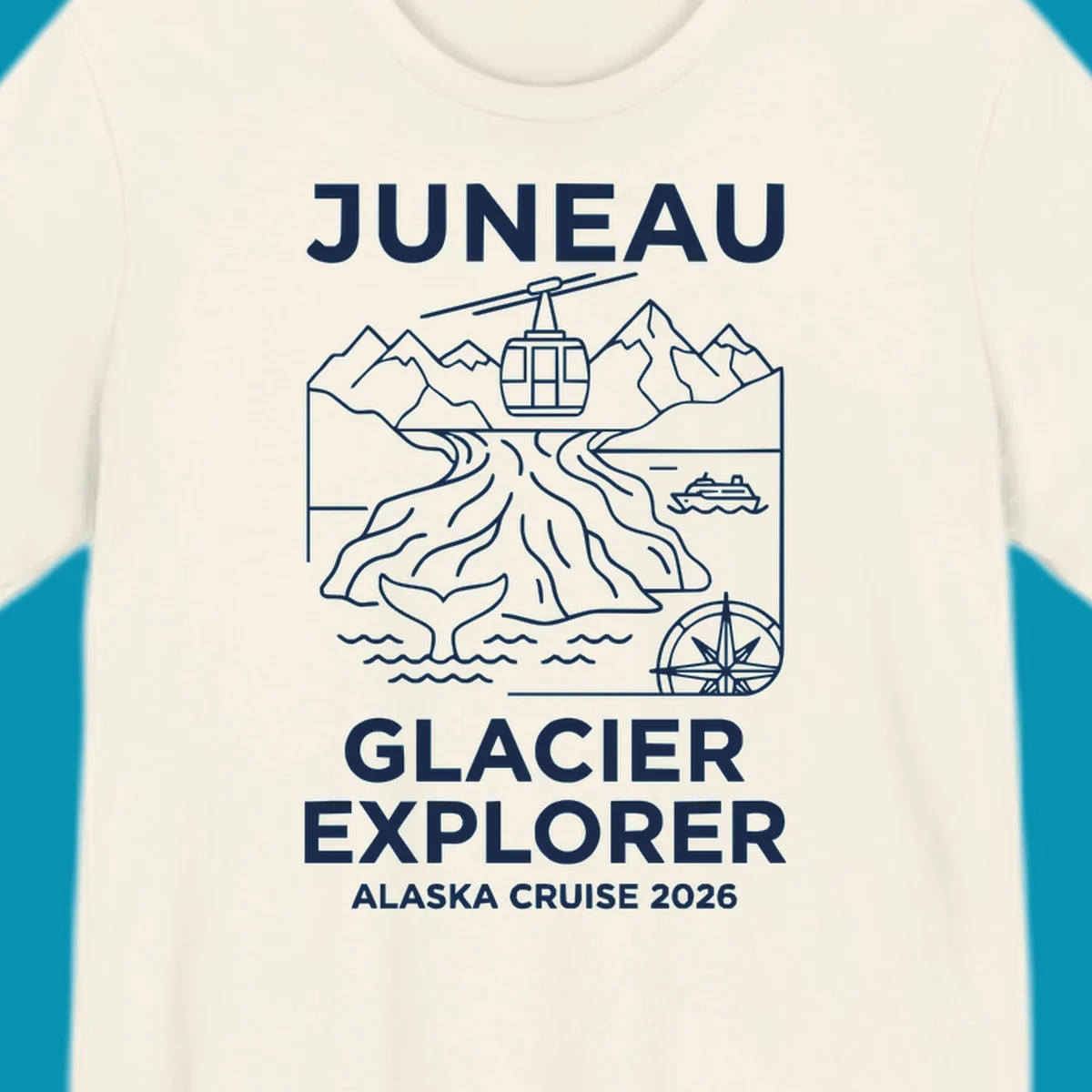 Juneau glacier explorer design featuring cable car, mountains, glacial crevasses, cruise ship, whale tail, and compass rose in white line art on gray background with 'JUNEAU GLACIER EXPLORER ALASKA CRUISE 2026' text.
