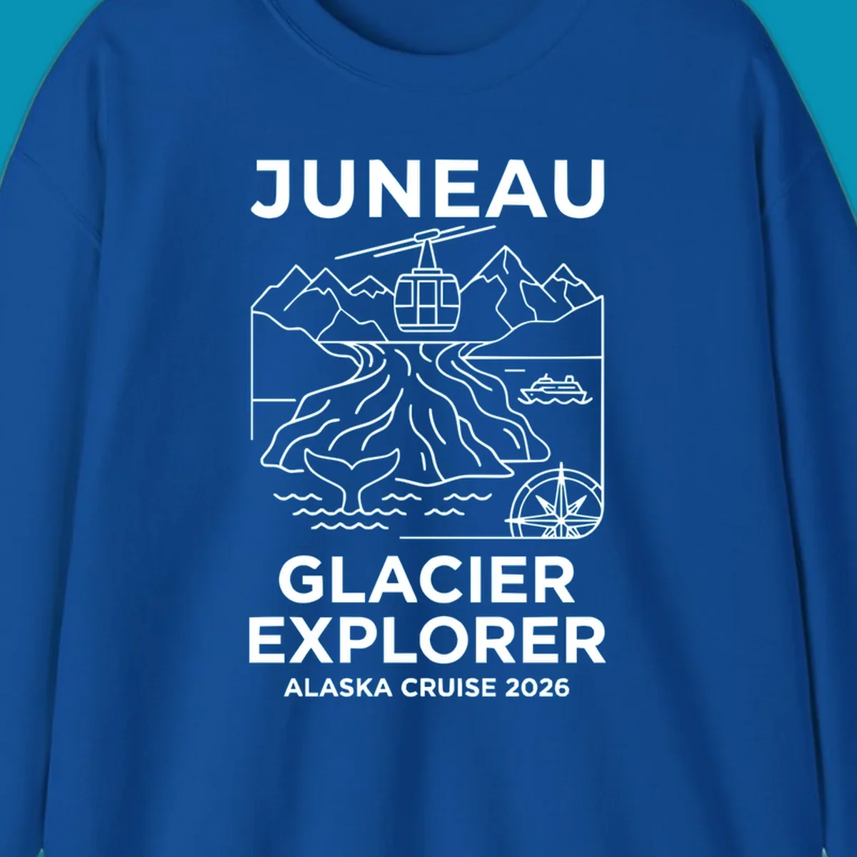 Juneau glacier explorer design featuring cable car, mountains, glacial crevasses, cruise ship, whale tail, and compass rose in white line art on gray background with 'JUNEAU GLACIER EXPLORER ALASKA CRUISE 2026' text.