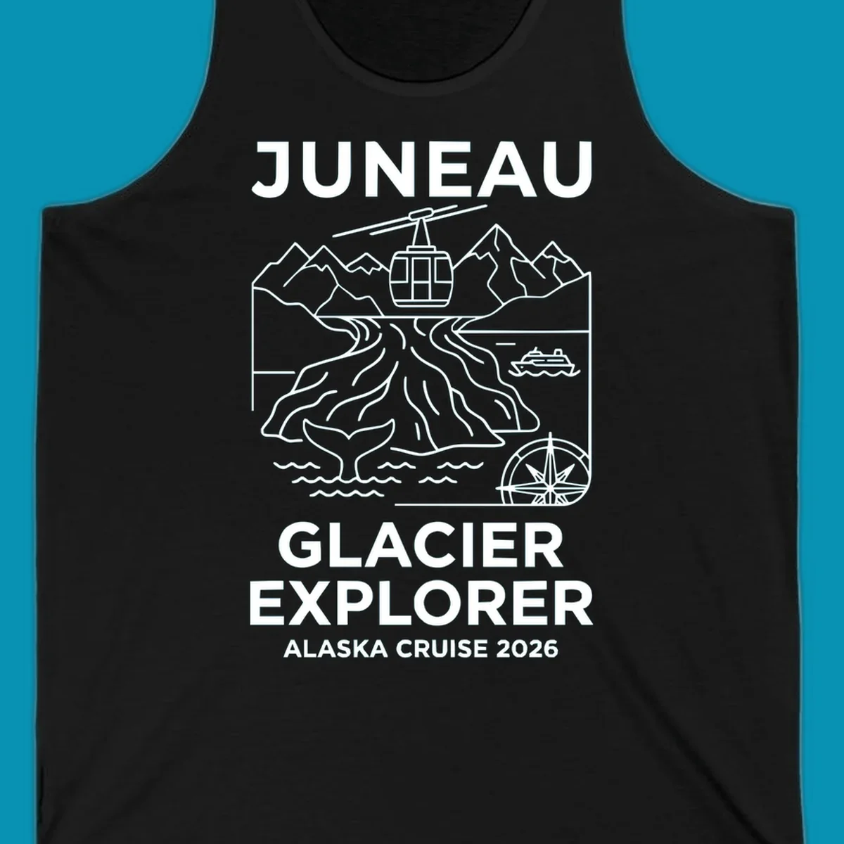 Juneau glacier explorer design featuring cable car, mountains, glacial crevasses, cruise ship, whale tail, and compass rose in white line art on gray background with 'JUNEAU GLACIER EXPLORER ALASKA CRUISE 2026' text.