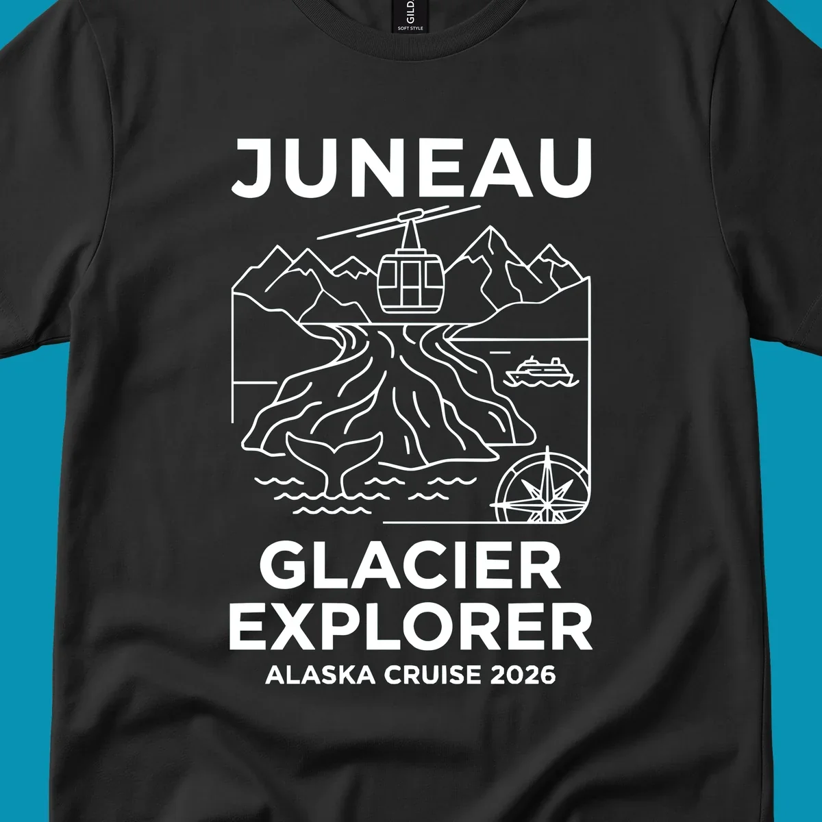 Juneau glacier explorer design featuring cable car, mountains, glacial crevasses, cruise ship, whale tail, and compass rose in white line art on gray background with 'JUNEAU GLACIER EXPLORER ALASKA CRUISE 2026' text.