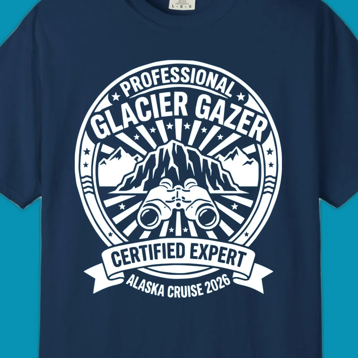 Professional glacier gazer certified expert badge design featuring binoculars, glacier mountain, and radiating sun rays for Alaska cruise 2026