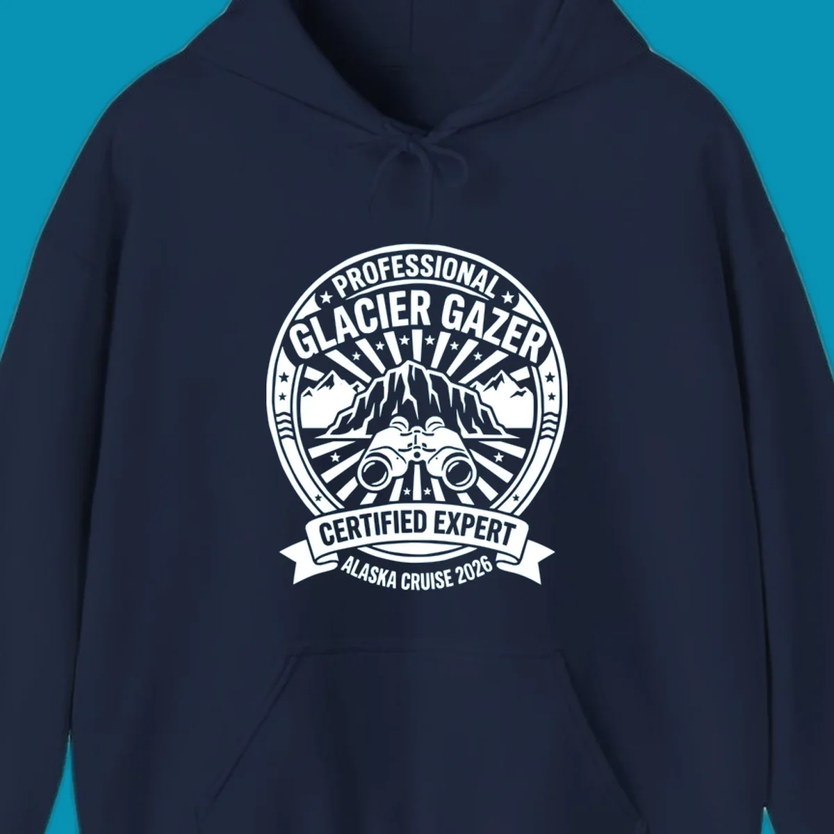 Professional glacier gazer certified expert badge design featuring binoculars, glacier mountain, and radiating sun rays for Alaska cruise 2026