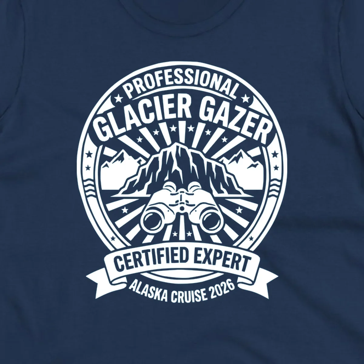 Professional glacier gazer certified expert badge design featuring binoculars, glacier mountain, and radiating sun rays for Alaska cruise 2026