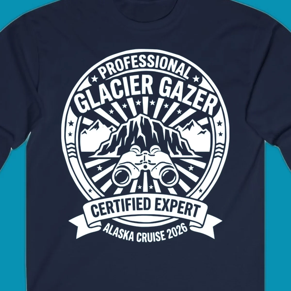 Professional glacier gazer certified expert badge design featuring binoculars, glacier mountain, and radiating sun rays for Alaska cruise 2026