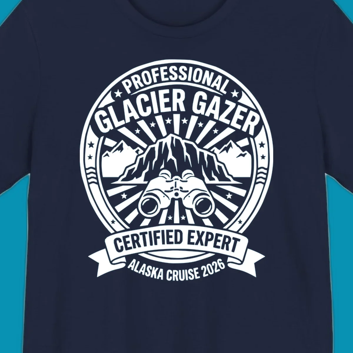 Professional glacier gazer certified expert badge design featuring binoculars, glacier mountain, and radiating sun rays for Alaska cruise 2026